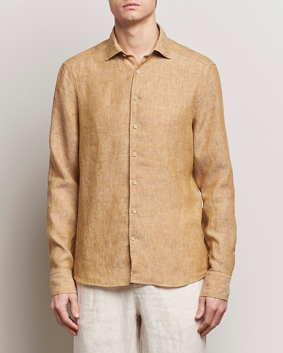 Hombres | Camisas | Stenströms | Slimline Cut Away Linen Shirt Brown