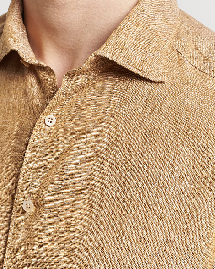 Hombres | Camisas | Stenströms | Slimline Cut Away Linen Shirt Brown