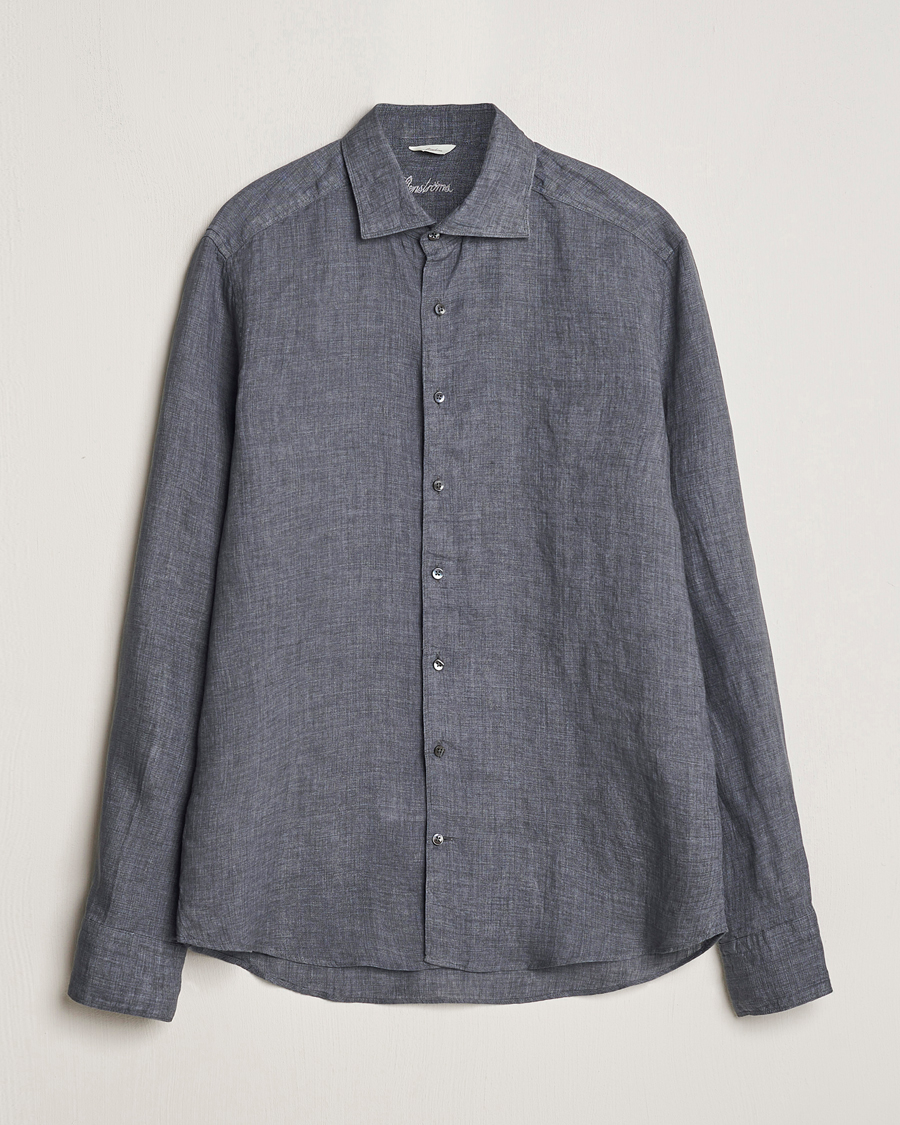 Hombres | Camisas | Stenströms | Slimline Cut Away Linen Shirt Dark Grey