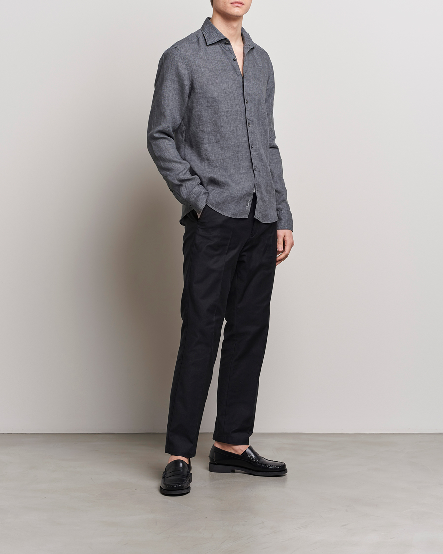 Hombres | Camisas | Stenströms | Slimline Cut Away Linen Shirt Dark Grey
