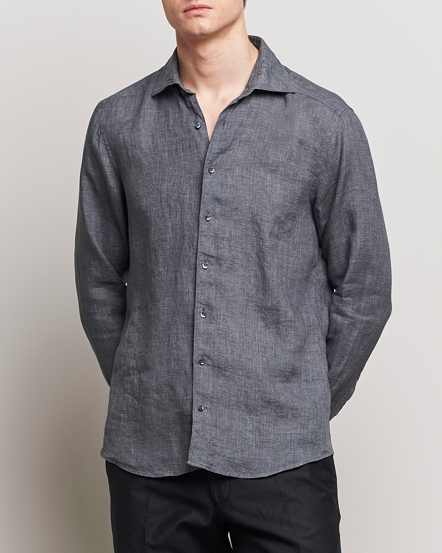 Hombres | Camisas de lino | Stenströms | Slimline Cut Away Linen Shirt Dark Grey
