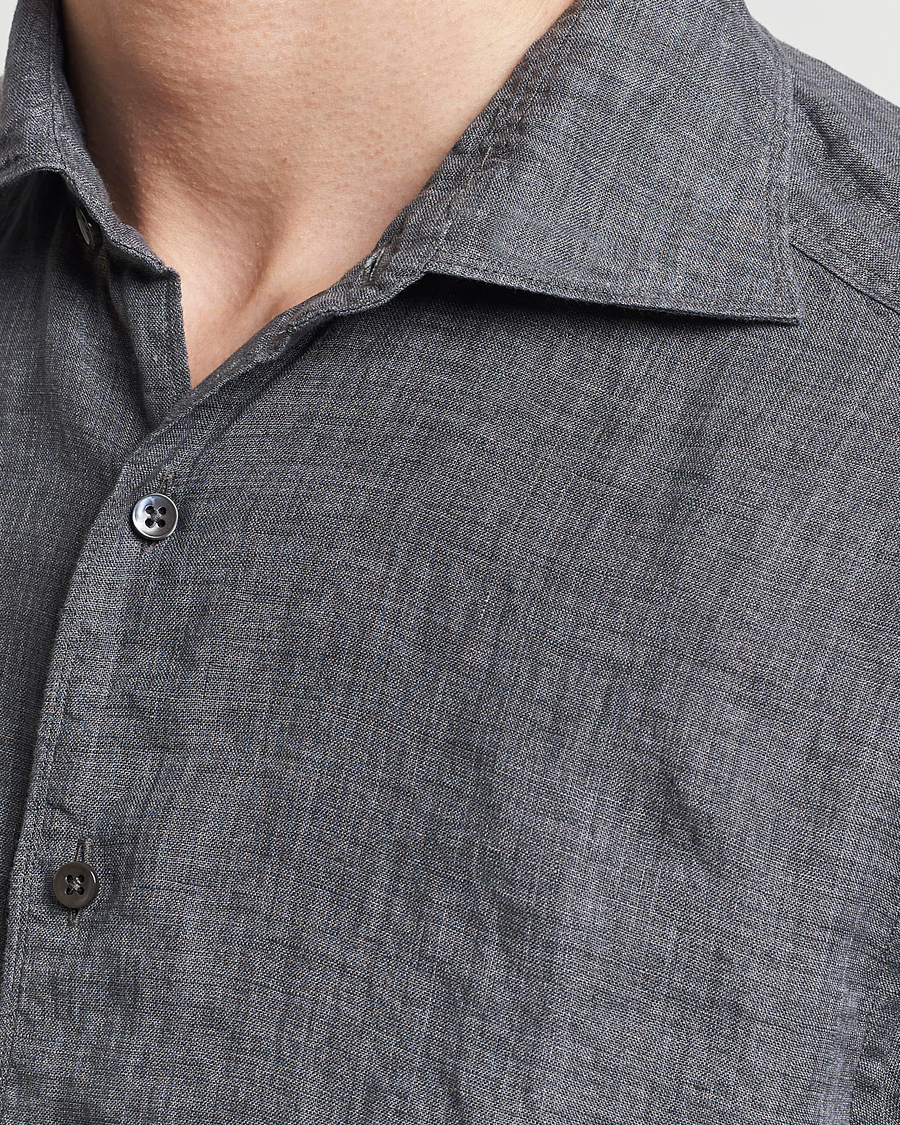 Hombres | Camisas | Stenströms | Slimline Cut Away Linen Shirt Dark Grey