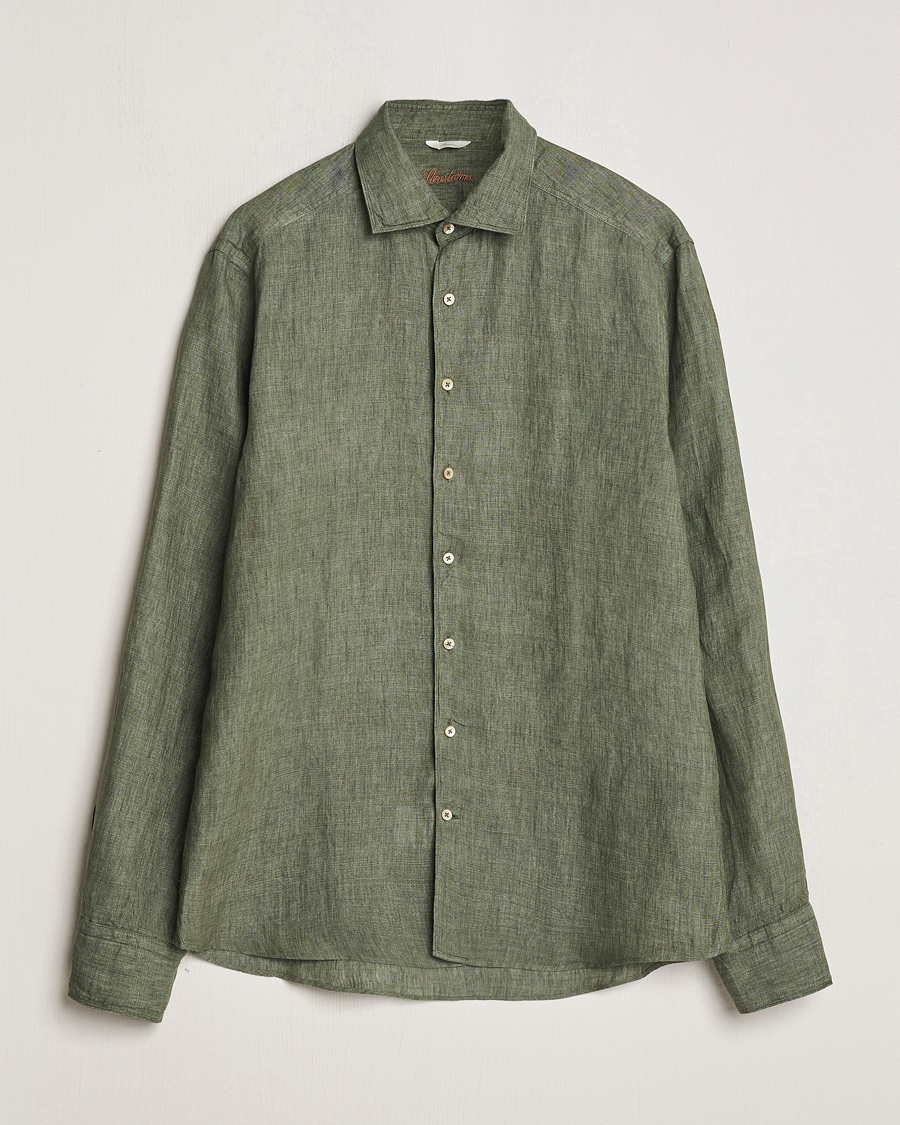 Hombres | Camisas | Stenströms | Slimline Cut Away Linen Shirt Olive