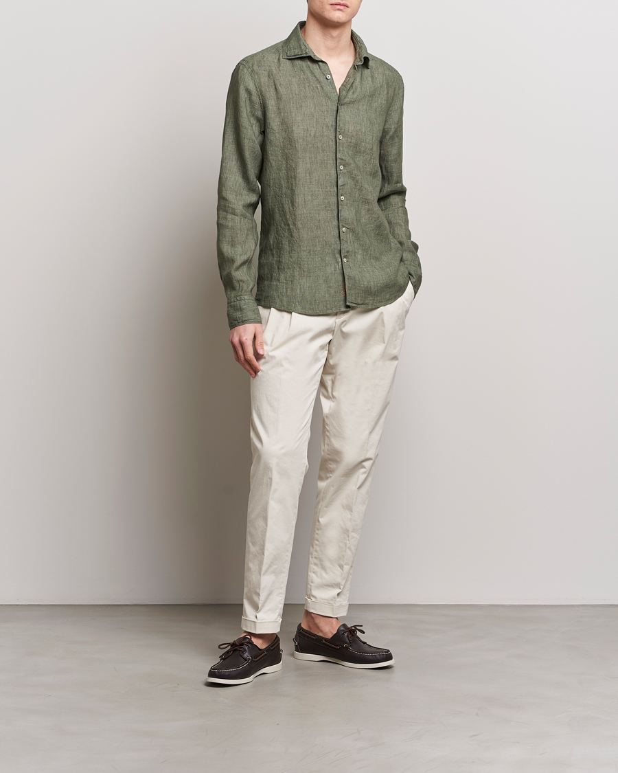 Hombres | Camisas | Stenströms | Slimline Cut Away Linen Shirt Olive