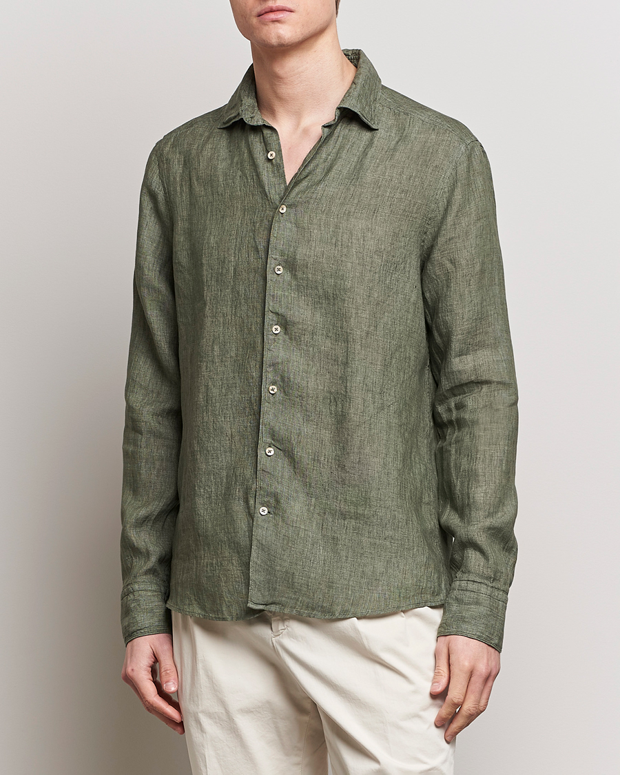 Hombres | Camisas de lino | Stenströms | Slimline Cut Away Linen Shirt Olive