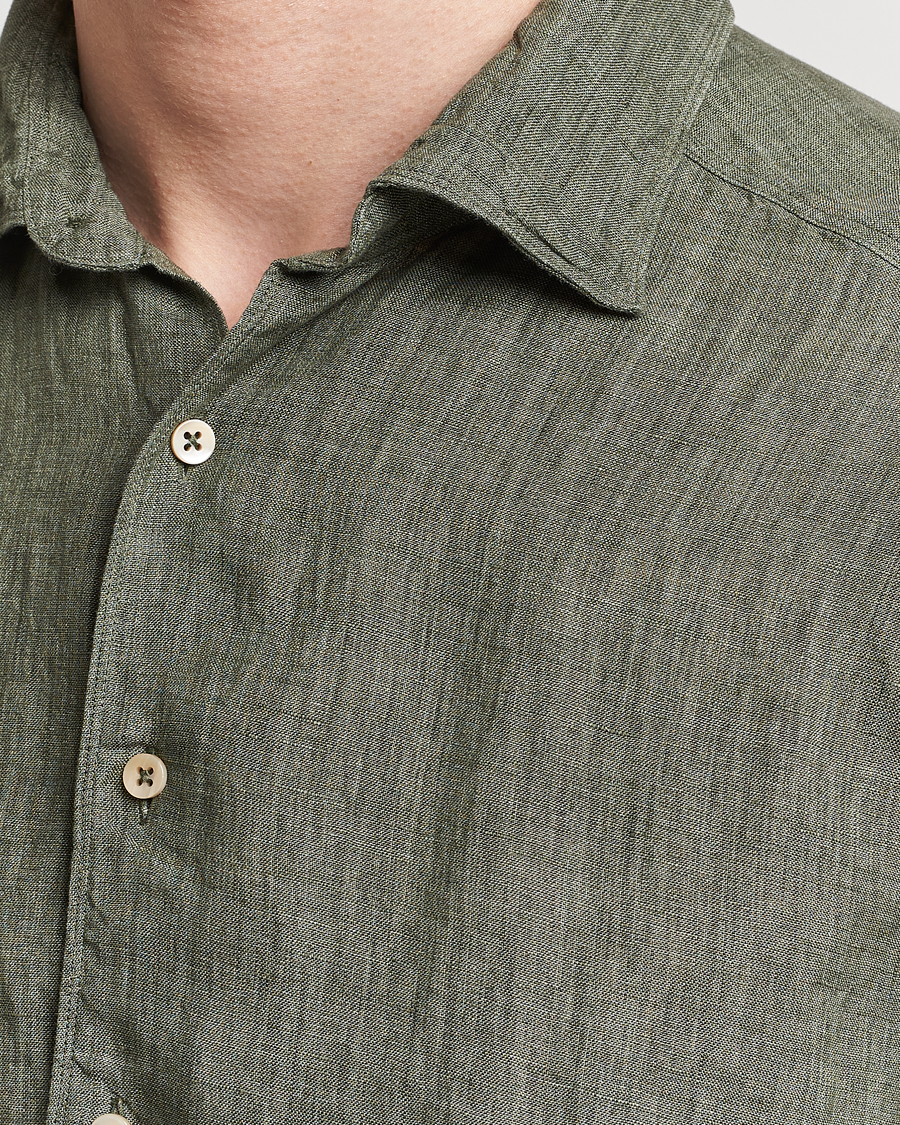 Hombres | Camisas | Stenströms | Slimline Cut Away Linen Shirt Olive