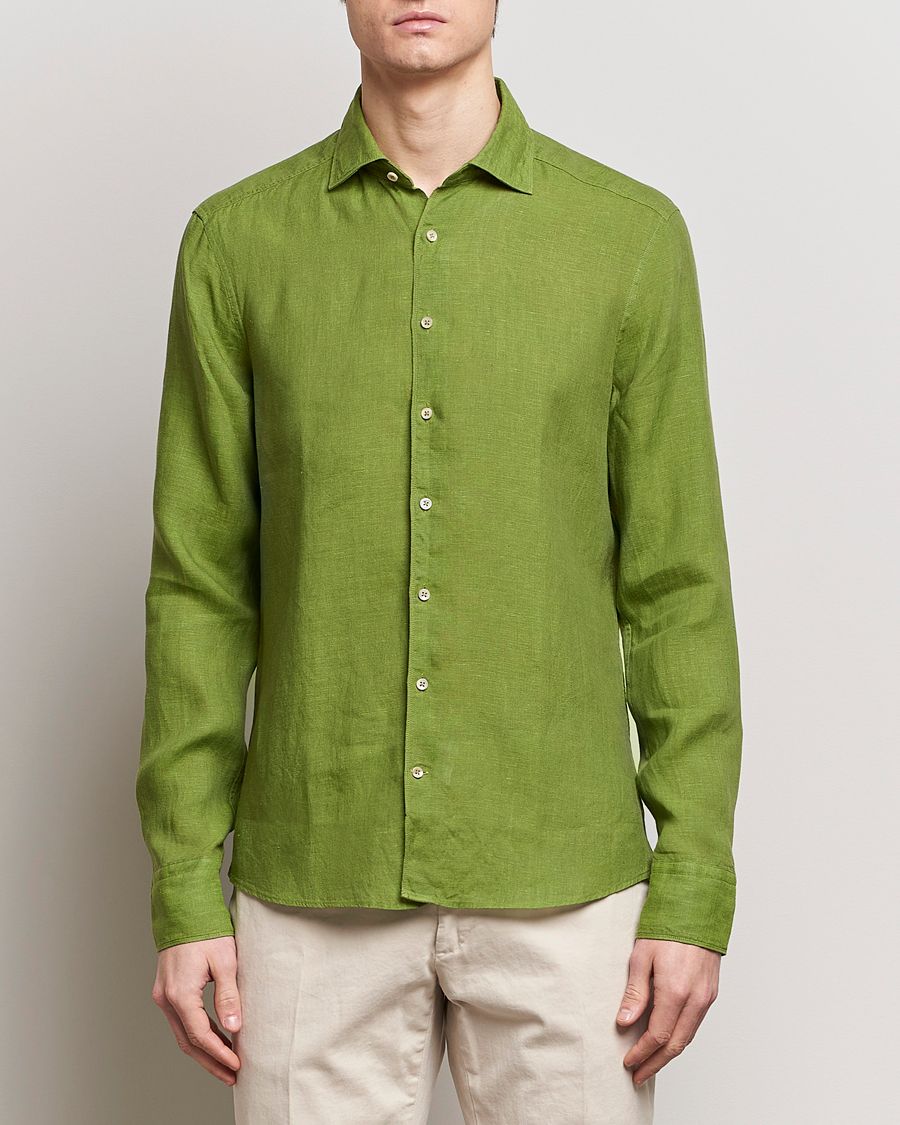 Hombres | Camisas de lino | Stenströms | Slimline Cut Away Linen Shirt Green