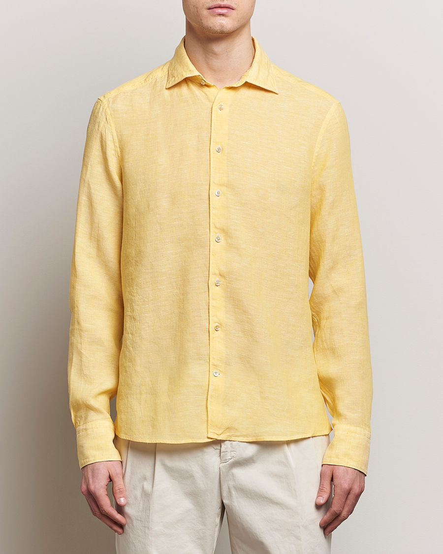 Hombres | Camisas de lino | Stenströms | Slimline Cut Away Linen Shirt Yellow