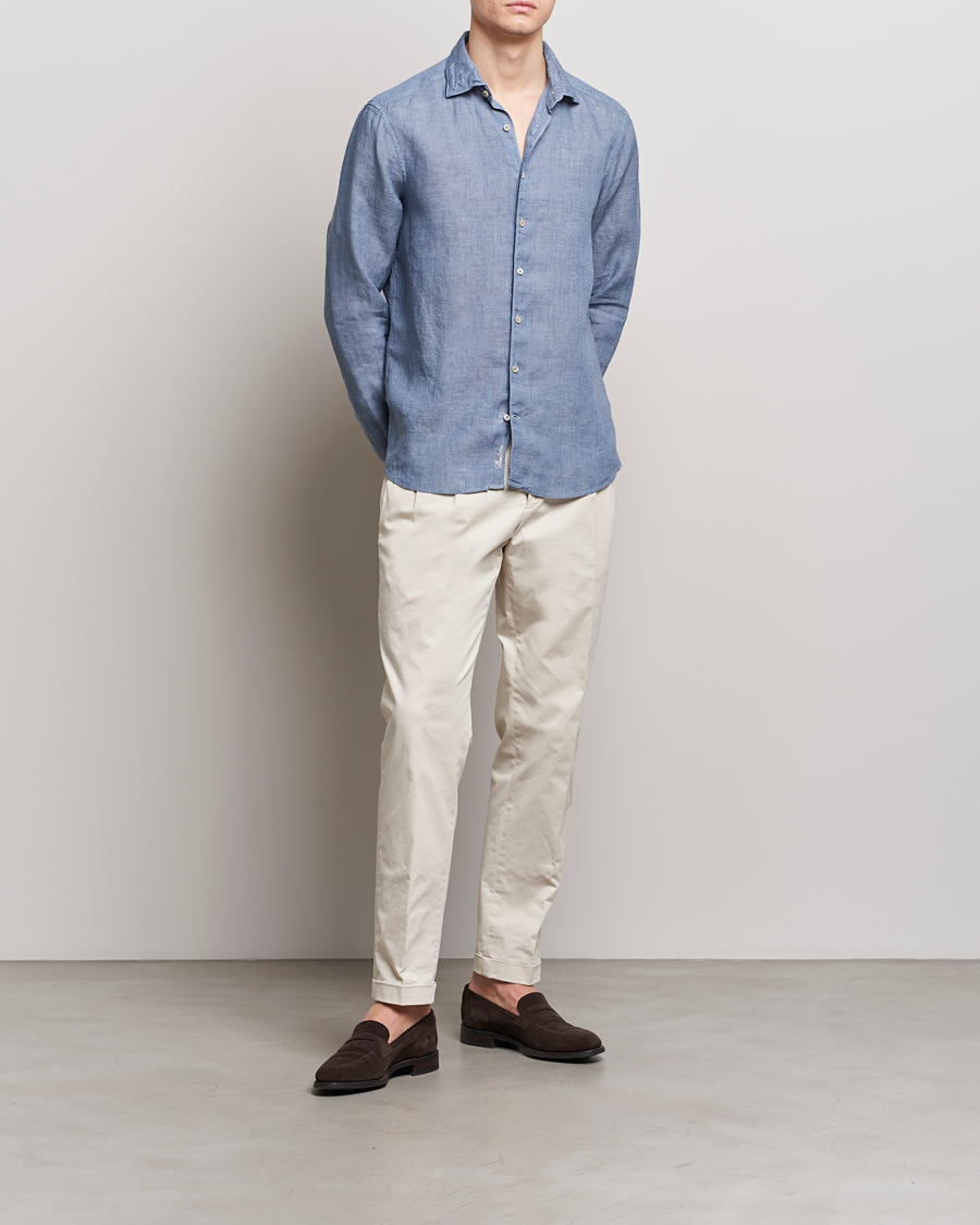 Hombres | Camisas | Stenströms | Slimline Cut Away Linen Shirt Steel Blue