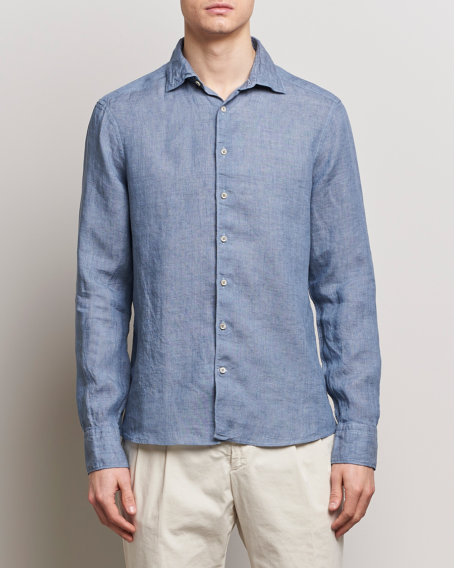 Hombres | Camisas de lino | Stenströms | Slimline Cut Away Linen Shirt Steel Blue