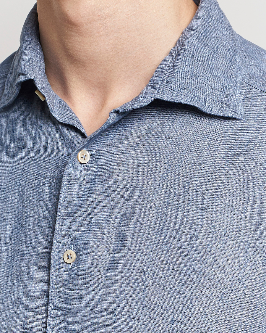 Hombres | Camisas | Stenströms | Slimline Cut Away Linen Shirt Steel Blue