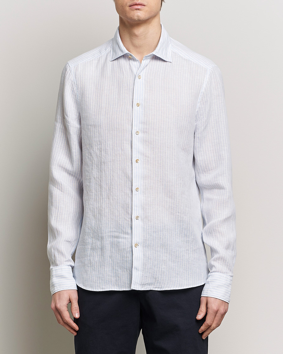 Hombres | Camisas de lino | Stenströms | Slimline Cut Away Striped Linen Shirt Light Blue