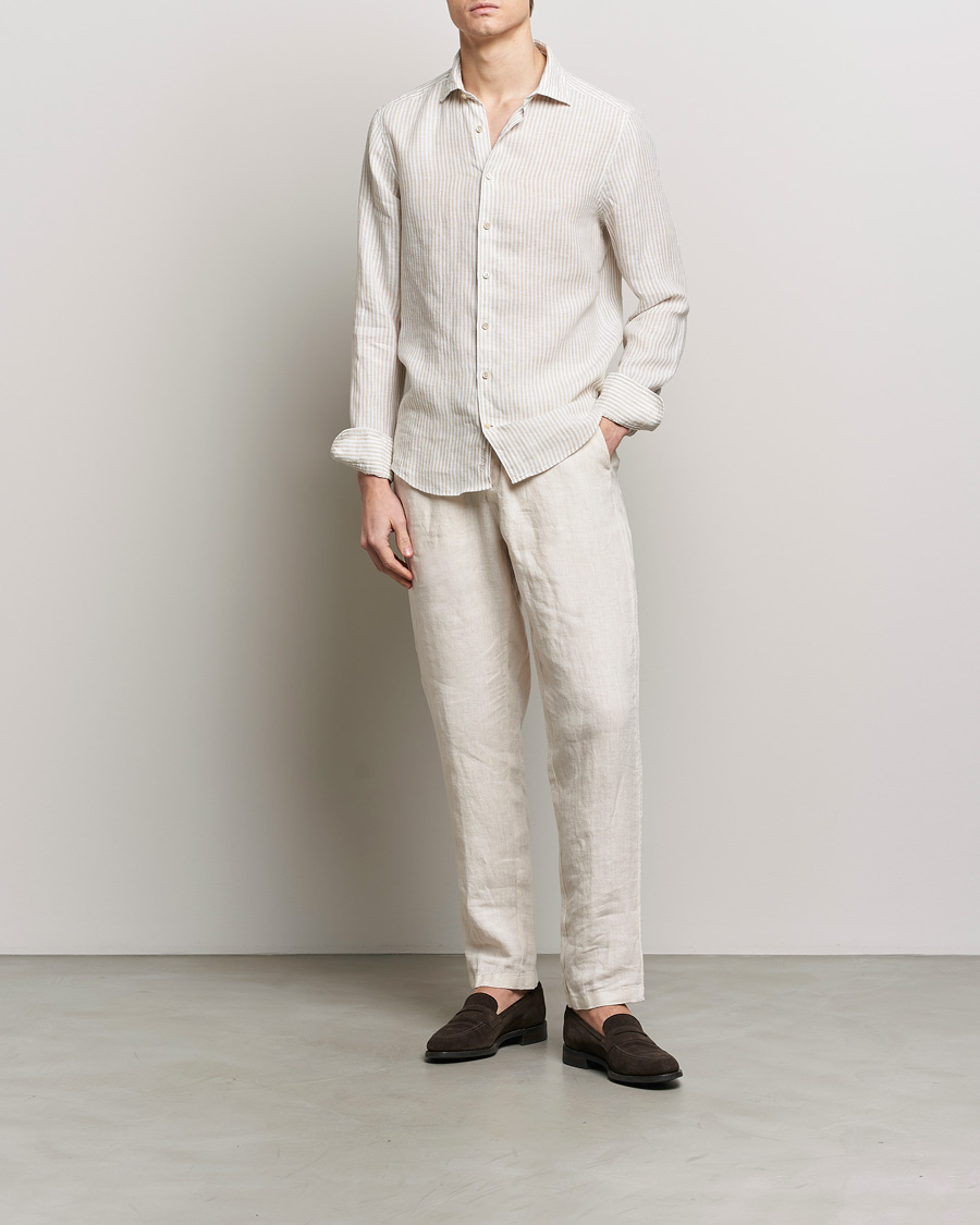 Hombres | Camisas | Stenströms | Slimline Cut Away Striped Linen Shirt Beige