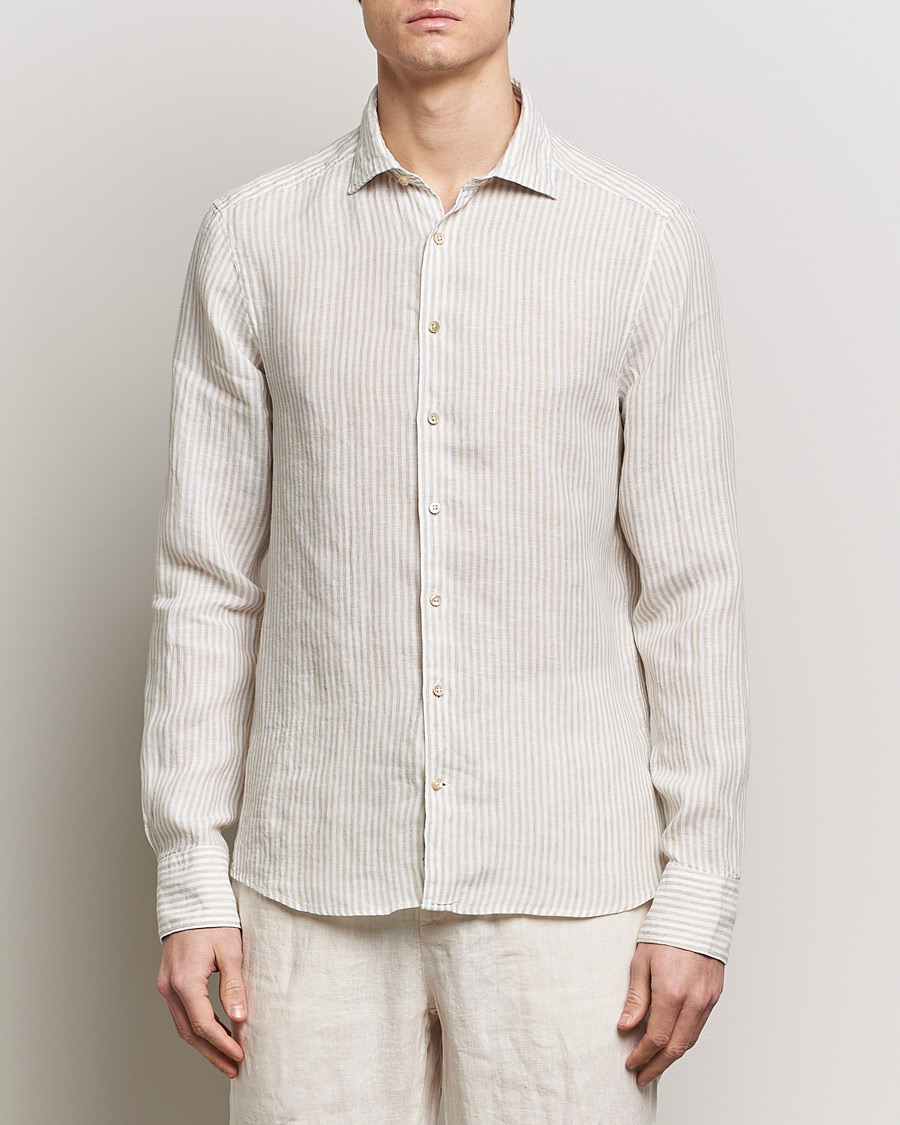 Hombres | Camisas de lino | Stenströms | Slimline Cut Away Striped Linen Shirt Beige
