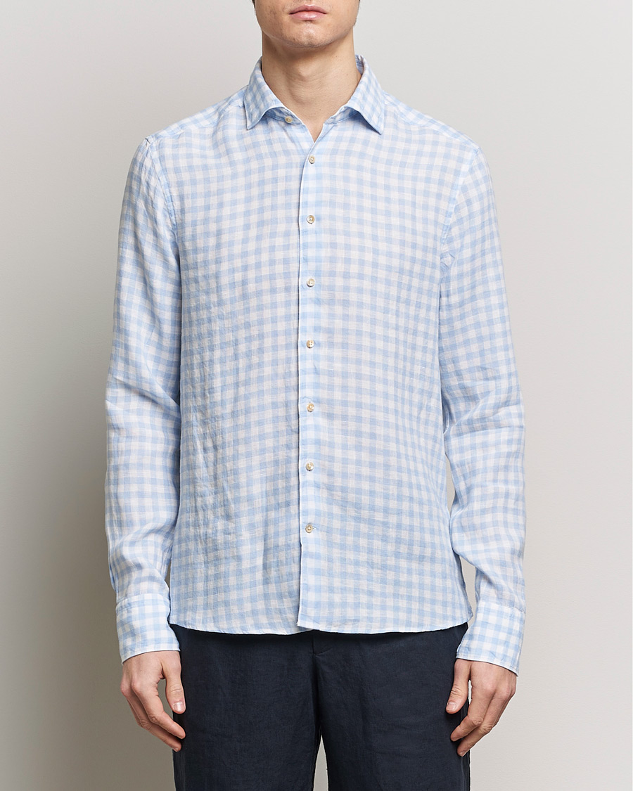 Hombres | Camisas de lino | Stenströms | Slimline Cut Away Checked Linen Shirt Light Blue