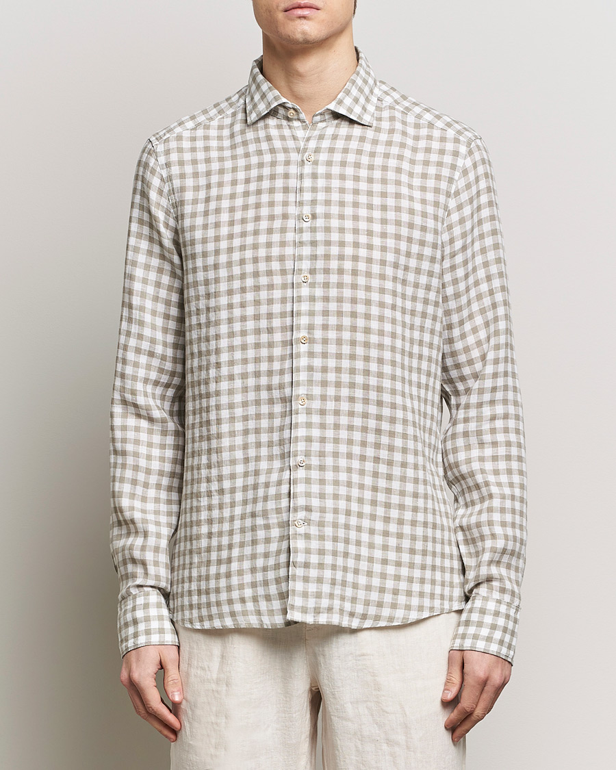 Hombres | Camisas de lino | Stenströms | Slimline Cut Away Checked Linen Shirt Light Grey