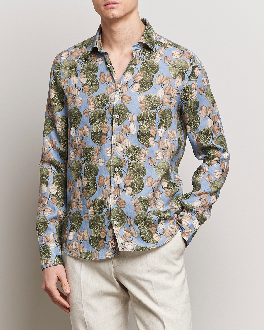 Hombres | Camisas de lino | Stenströms | Slimline Cut Away Printed Flower Linen Shirt Multi