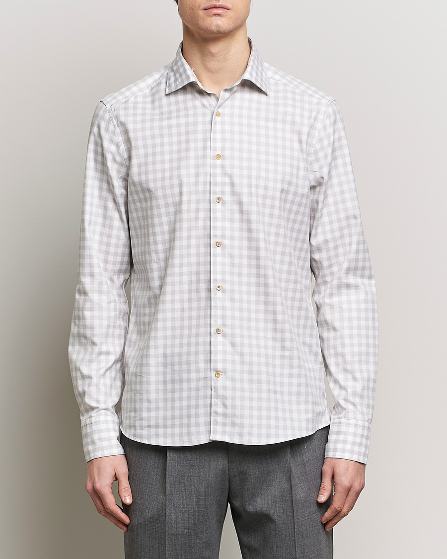 Hombres | Casual | Stenströms | Slimline Checked Washed Cotton Shirt Grey
