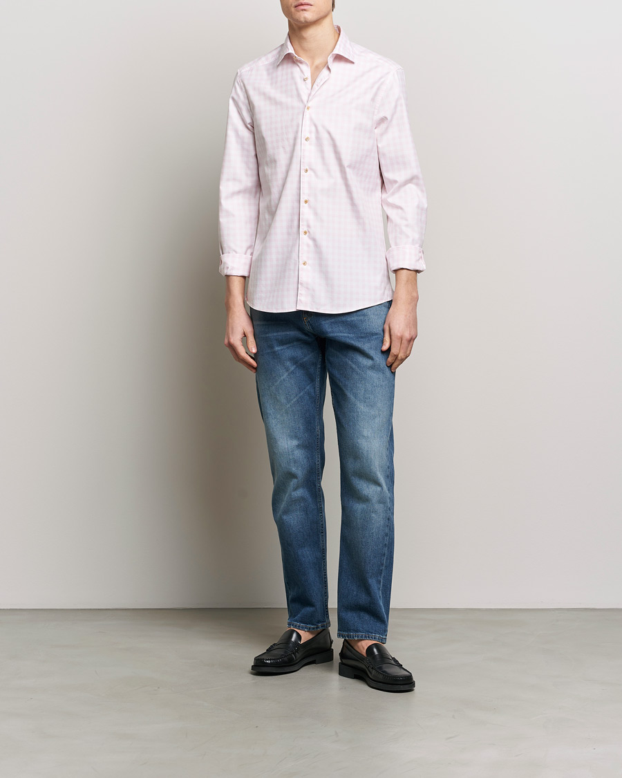 Hombres | Camisas | Stenströms | Slimline Checked Washed Cotton Shirt Pink
