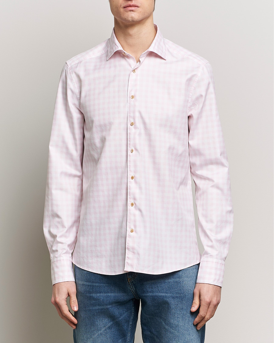 Hombres | Casual | Stenströms | Slimline Checked Washed Cotton Shirt Pink