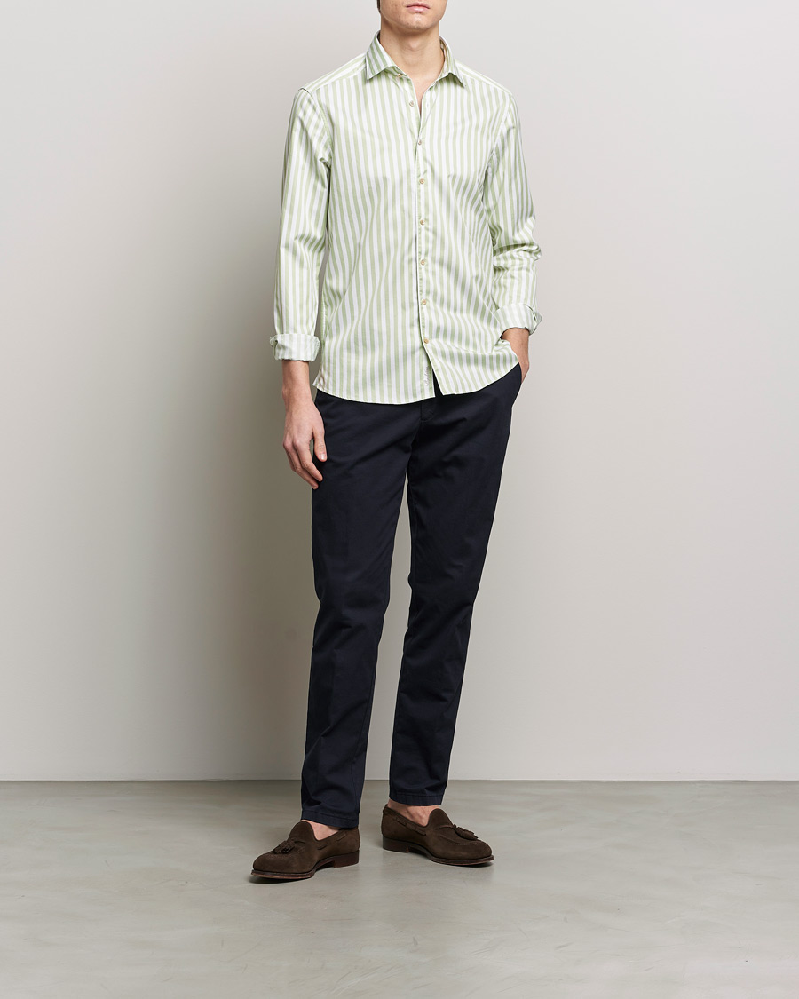 Hombres | Camisas | Stenströms | Slimline Large Stripe Washed Cotton Shirt Green