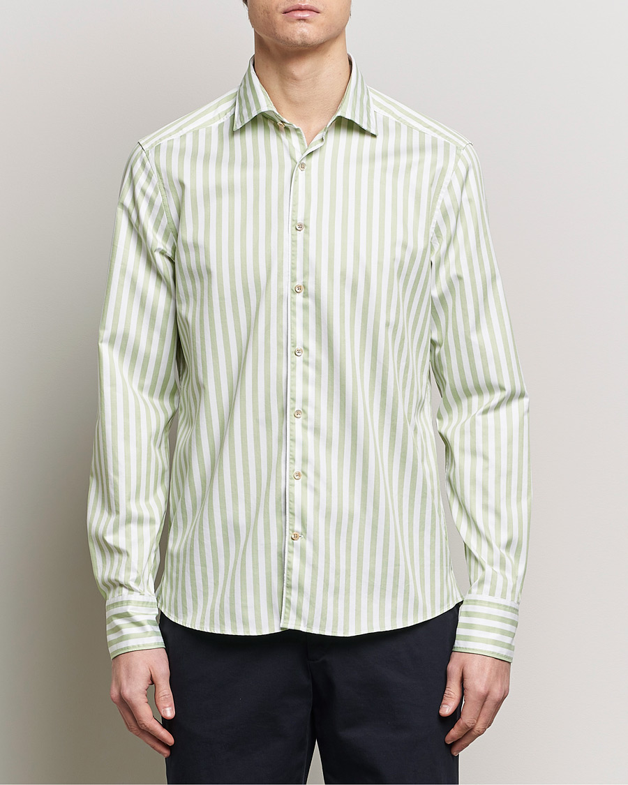 Hombres | Camisas casuales | Stenströms | Slimline Large Stripe Washed Cotton Shirt Green