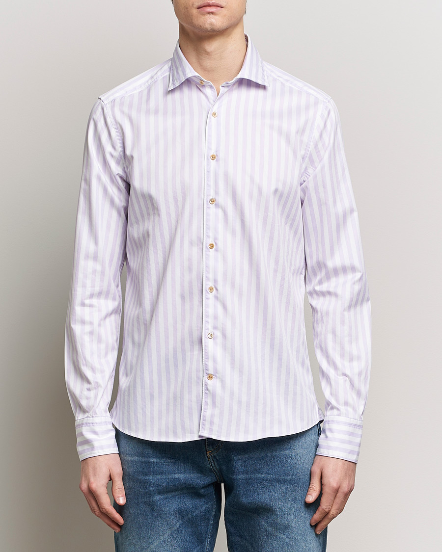 Hombres | Camisas casuales | Stenströms | Slimline Large Stripe Washed Cotton Shirt Purple