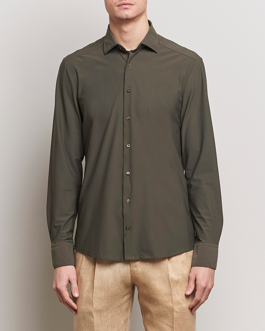 Hombres | Camisas casuales | Stenströms | Slimline Cut Away 4-Way Stretch Shirt Dark Green