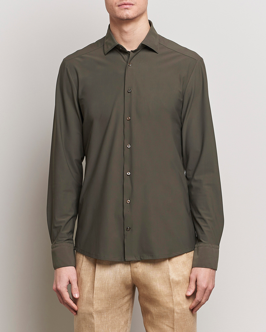 Hombres | Camisas | Stenströms | Slimline Cut Away 4-Way Stretch Shirt Dark Green
