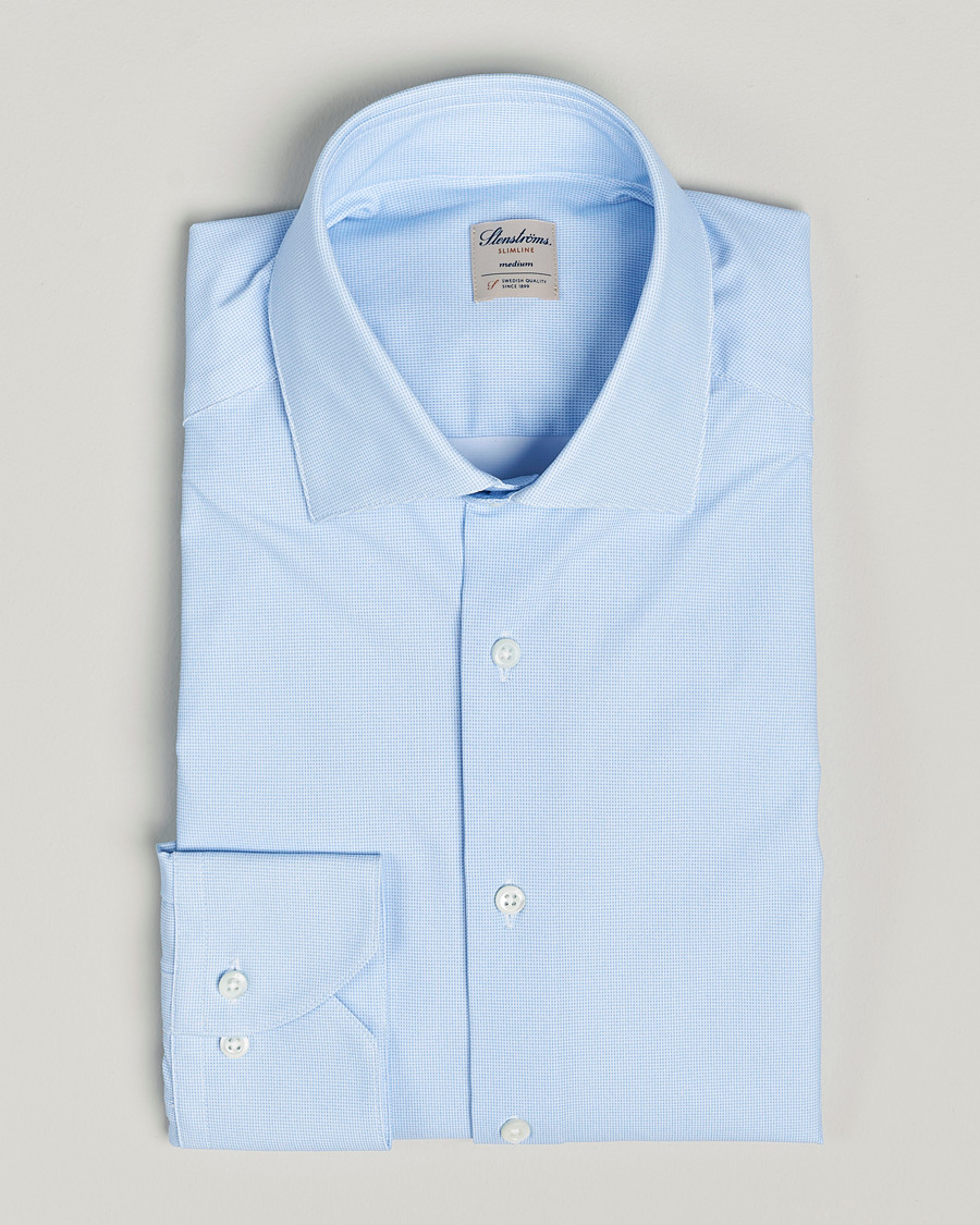 Hombres | Camisas | Stenströms | Slimline Micro Check Cut Away 4-Way Stretch Shirt Blue