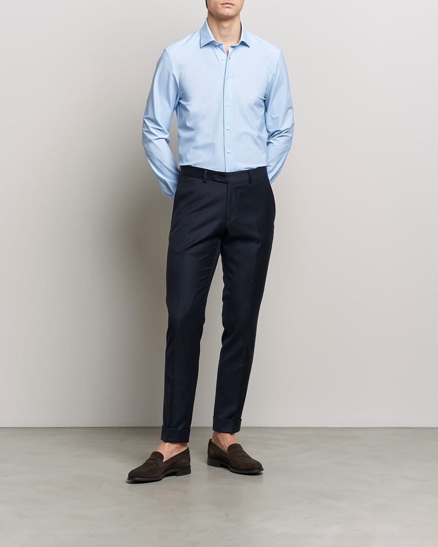 Hombres | Camisas | Stenströms | Slimline Micro Check Cut Away 4-Way Stretch Shirt Blue