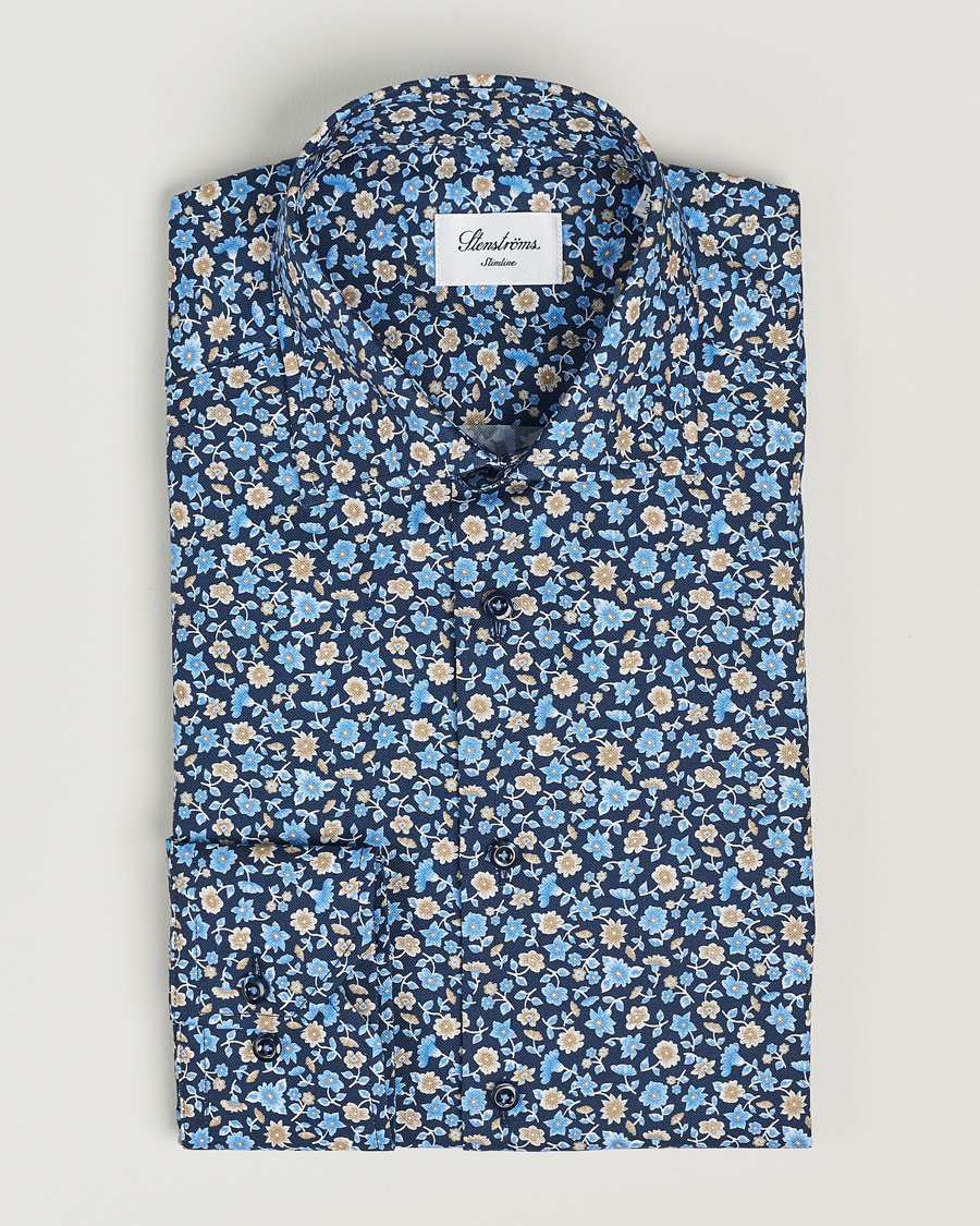 Hombres | Camisas | Stenströms | Slimline Cut Away Printed Flower Shirt Navy