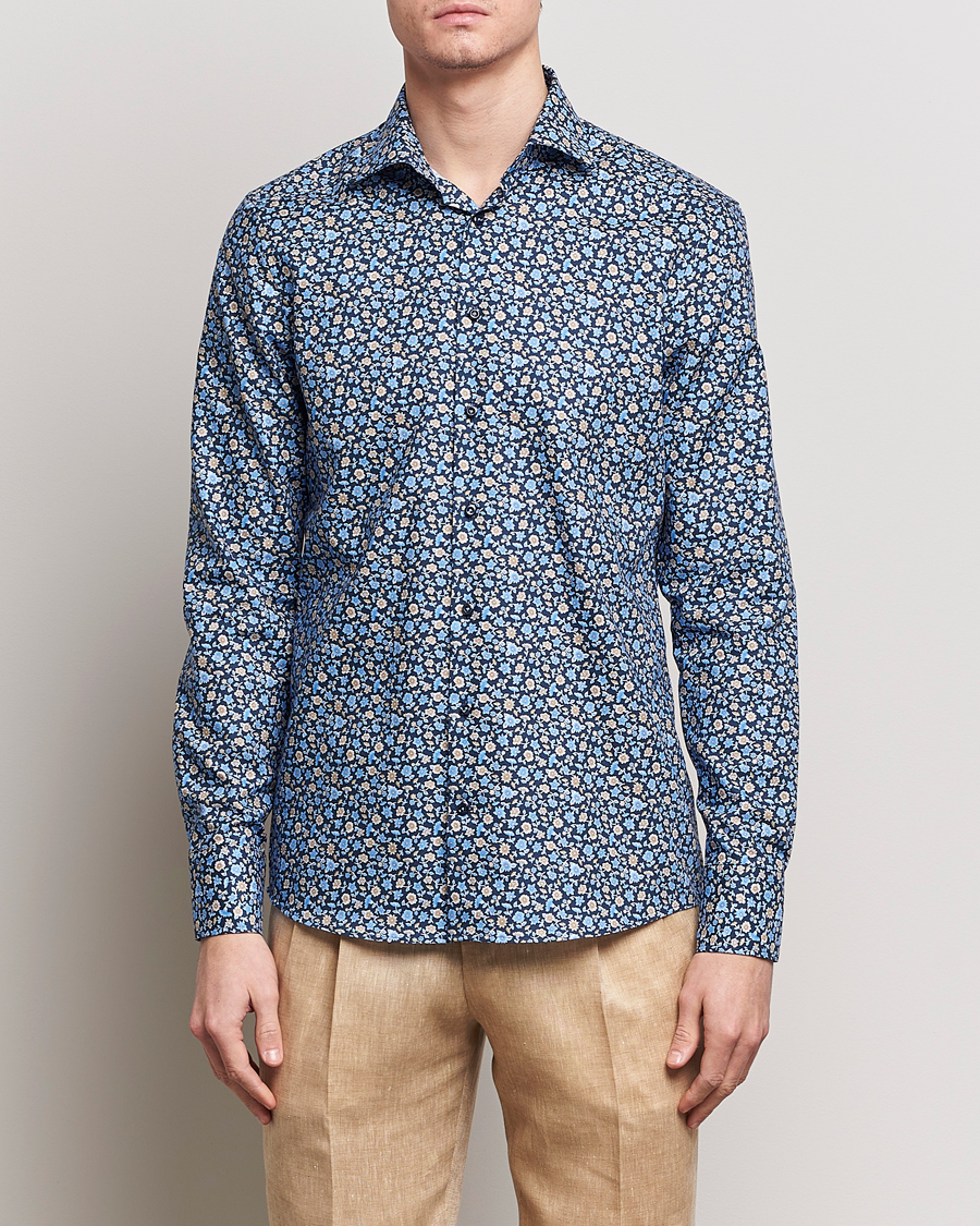 Hombres | Camisas | Stenströms | Slimline Cut Away Printed Flower Shirt Navy