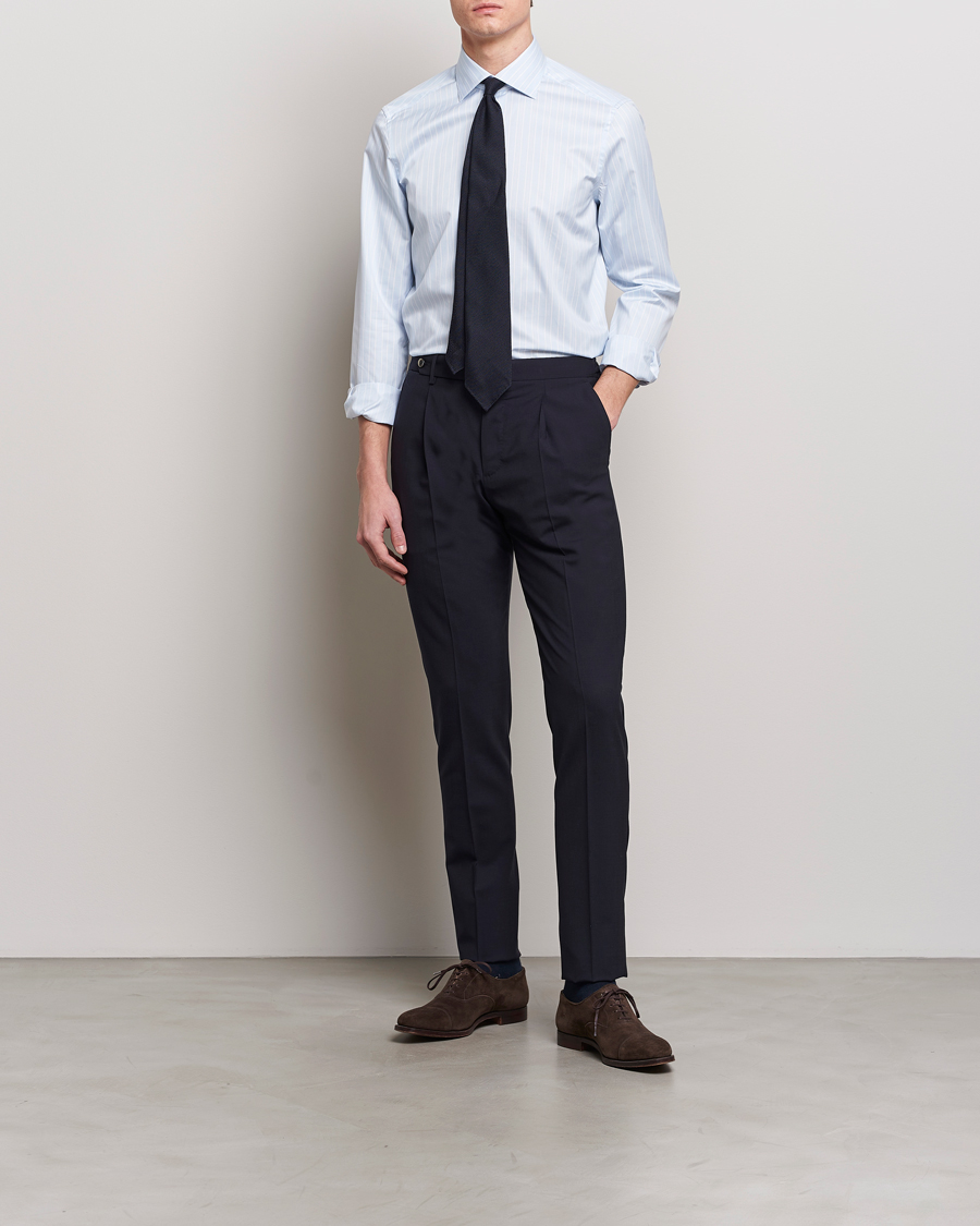 Hombres | Camisas | Stenströms | Slimline Cut Away Multi Stripe Shirt Light Blue