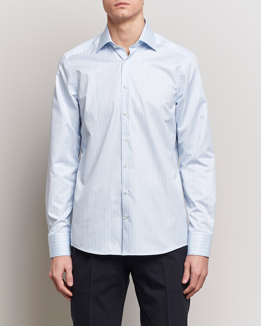 Hombres | Camisas | Stenströms | Slimline Cut Away Multi Stripe Shirt Light Blue