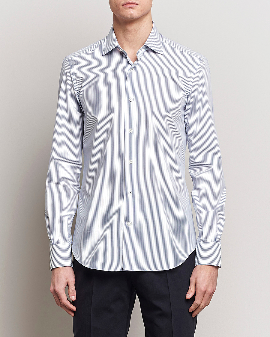Hombres |  | Mazzarelli | Soft Cotton Cut Away Shirt Blue Pinstripe