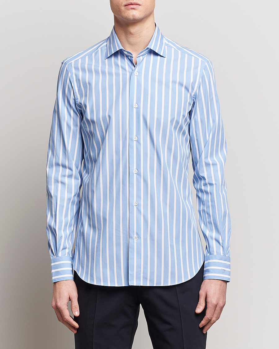 Hombres | Casual | Mazzarelli | Soft Cotton Cut Away Shirt Blue/White Stripe