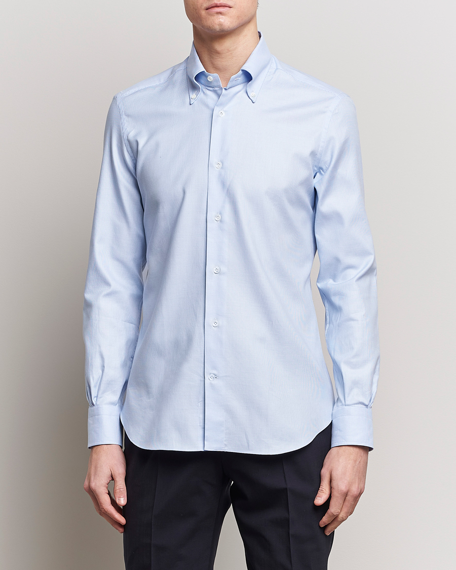 Hombres |  | Mazzarelli | Soft Cotton Texture Button Down Shirt Light Blue