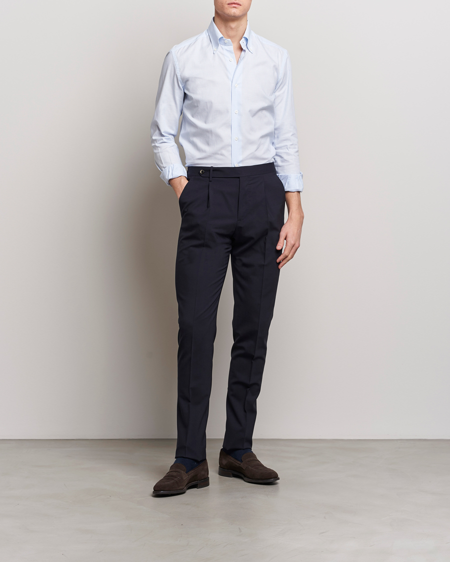 Hombres | Camisas | Mazzarelli | Soft Oxford Button Down Shirt Light Blue Stripe