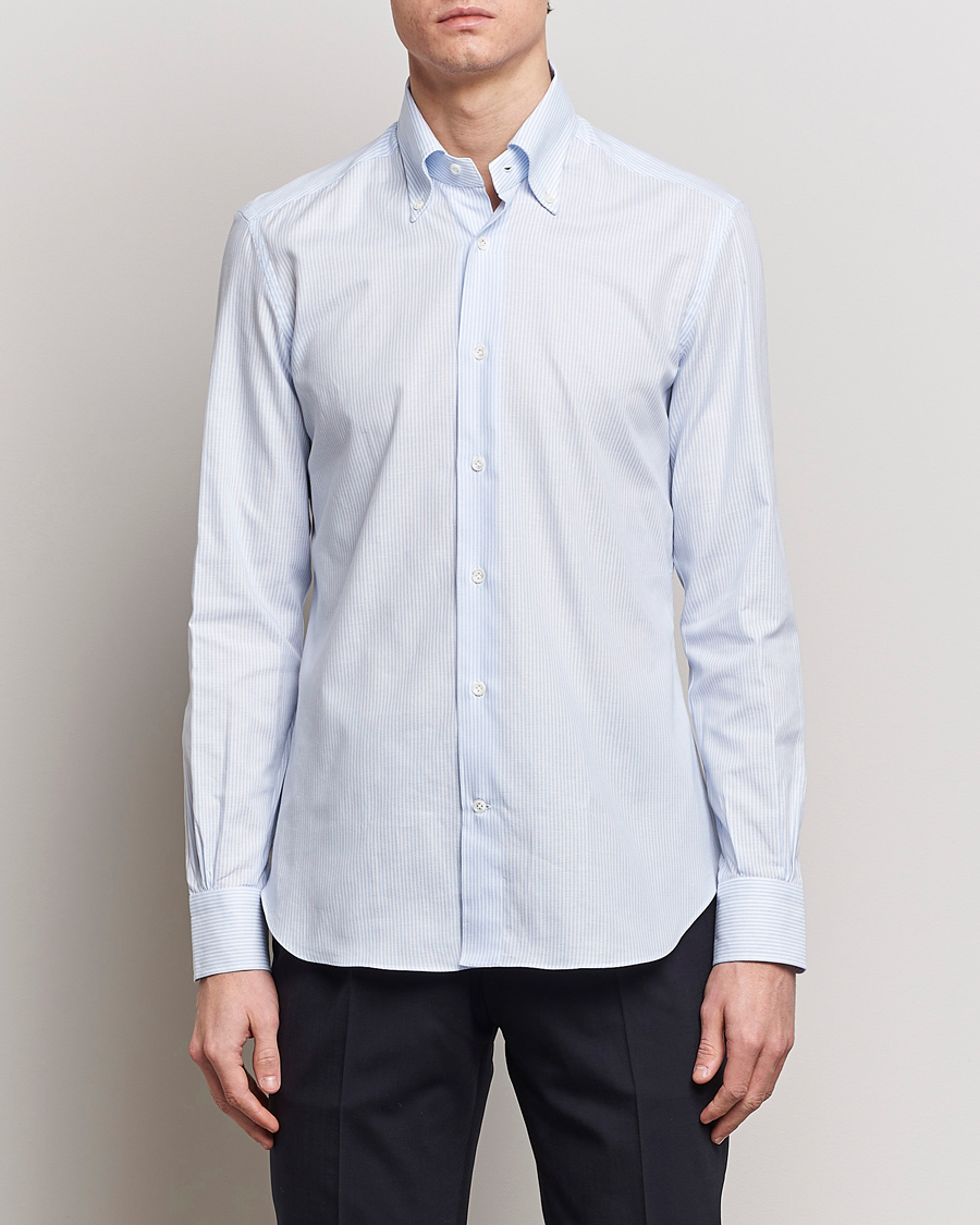 Hombres | Departamentos | Mazzarelli | Soft Oxford Button Down Shirt Light Blue Stripe