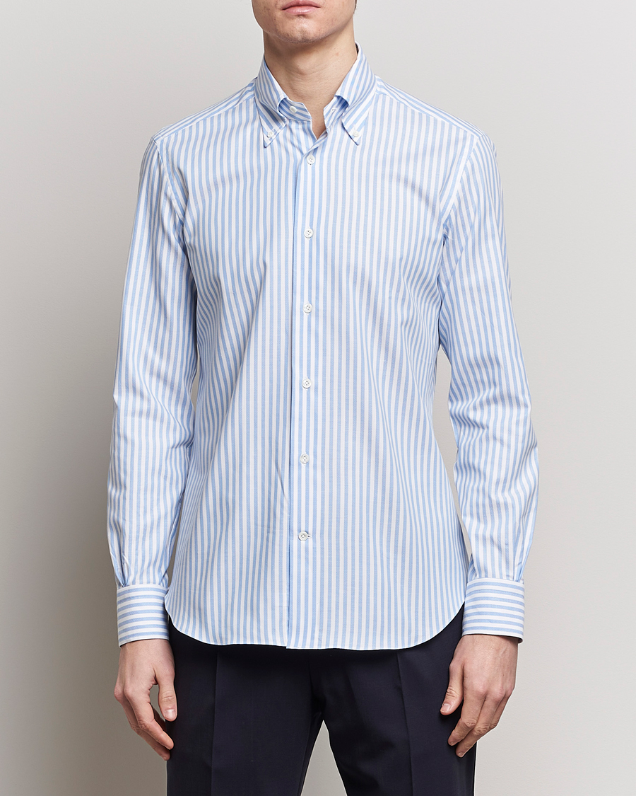 Hombres | Camisas | Mazzarelli | Soft Oxford Button Down Shirt Blue Stripe