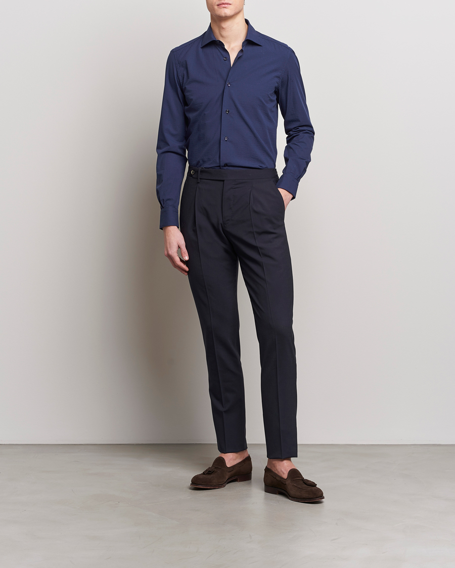 Hombres | Camisas | Mazzarelli | Soft Tonal Seersucker Shirt Navy