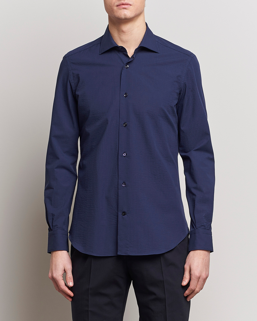 Hombres | Camisas | Mazzarelli | Soft Tonal Seersucker Shirt Navy