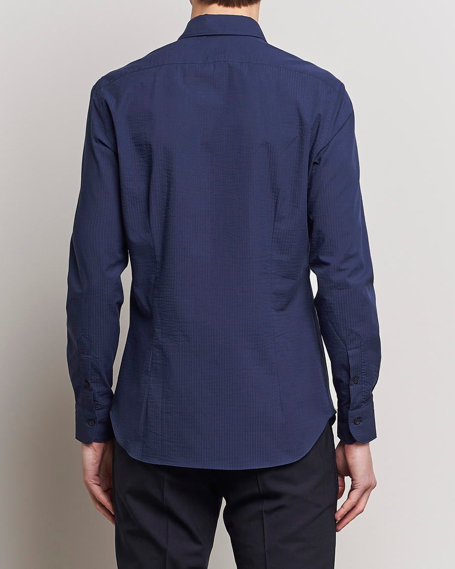 Hombres | Camisas | Mazzarelli | Soft Tonal Seersucker Shirt Navy