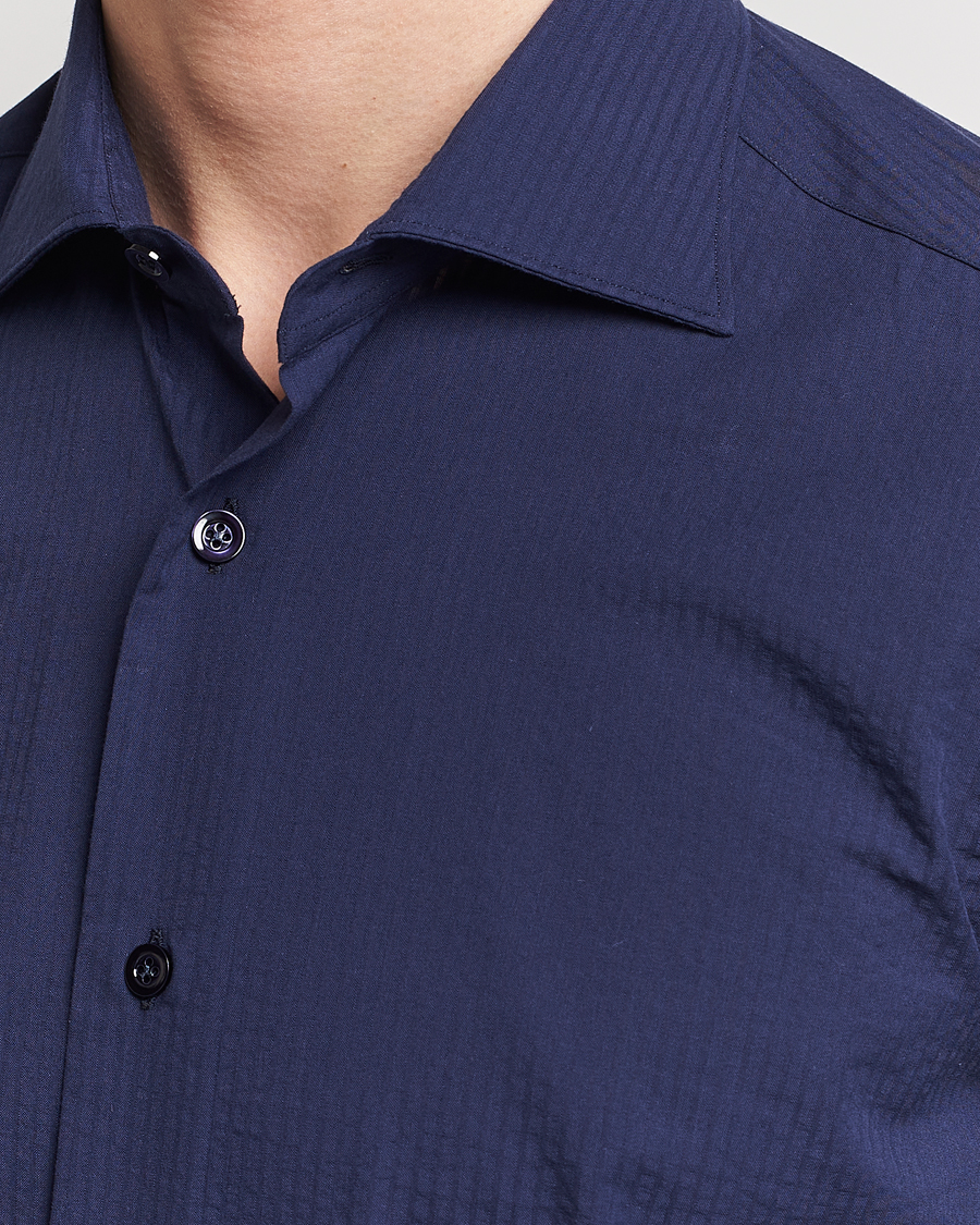 Hombres | Camisas | Mazzarelli | Soft Tonal Seersucker Shirt Navy