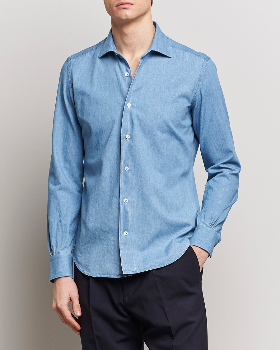 Hombres | Camisas | Mazzarelli | Soft Cotton Denim Shirt Blue Wash
