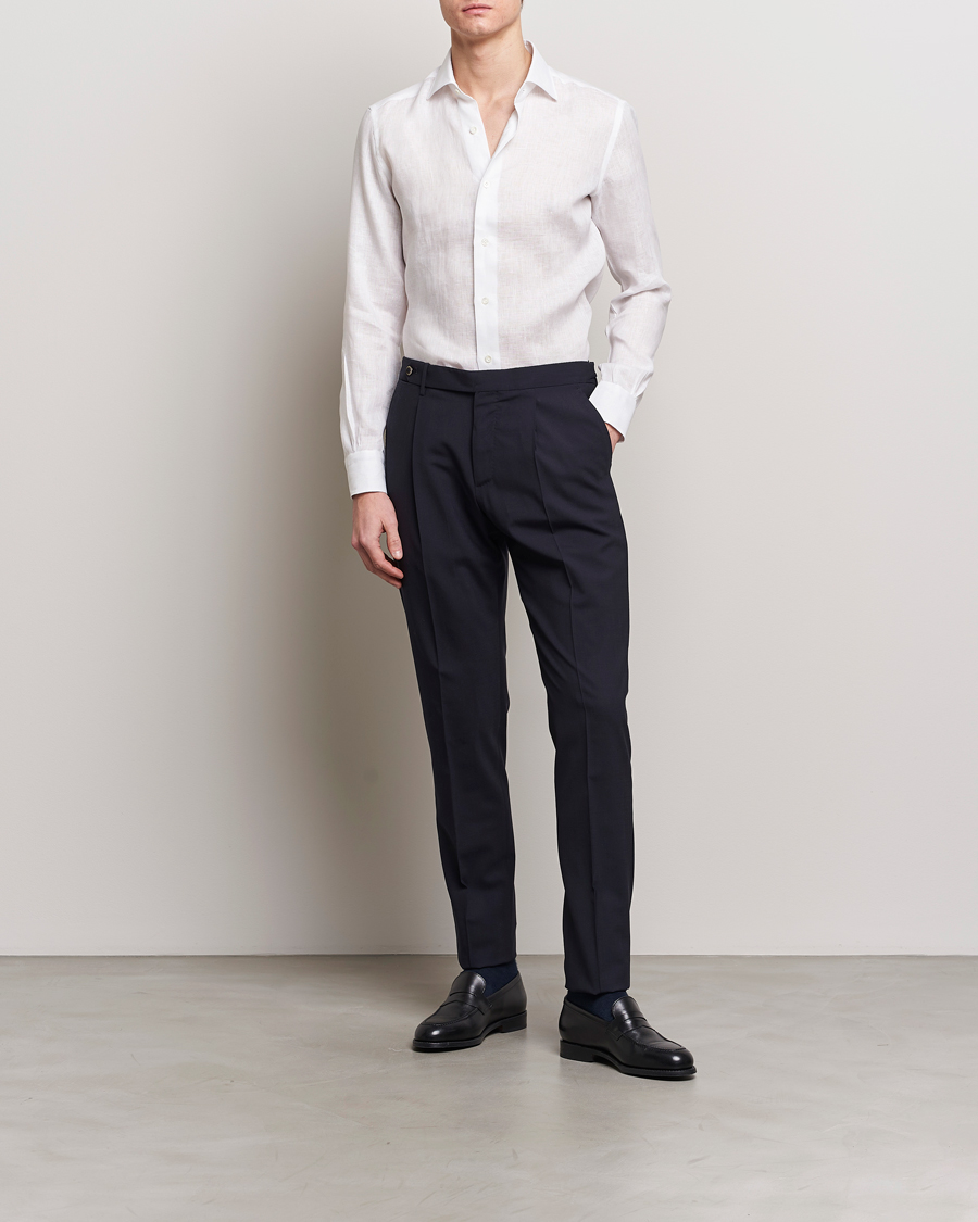 Hombres | Camisas | Mazzarelli | Soft Linen Cut Away Shirt White