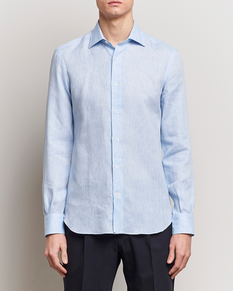 Hombres | Camisas de lino | Mazzarelli | Soft Linen Cut Away Shirt Light Blue