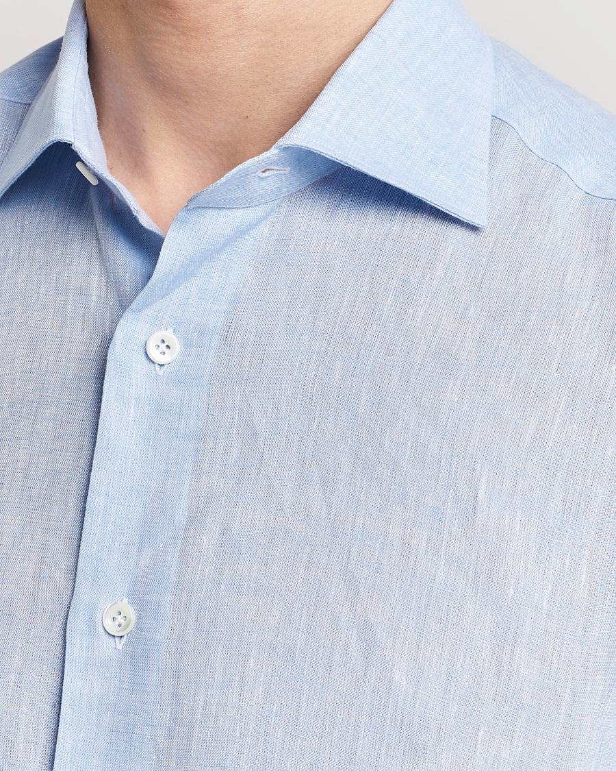 Hombres | Camisas | Mazzarelli | Soft Linen Cut Away Shirt Light Blue