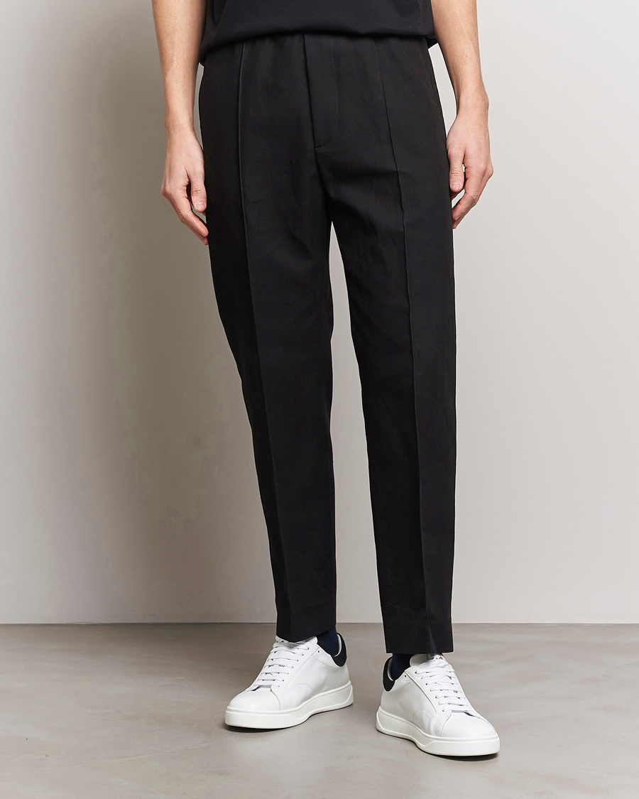 Hombres | Pantalones con cordón | Lanvin | Cotton/Linen Drawstring Trousers Black